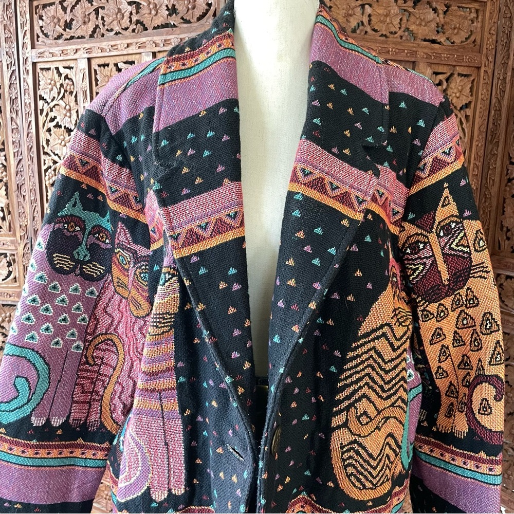 Original Vintage Laurel Burch Silverado Boho Cat Tapestry Blanket Knit Jacket - Picture 4 of 12